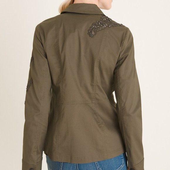 Chico's Lace Applique Embellished Utility Jacket Olive 2 L XL 12 14 - Picture 5 of 6